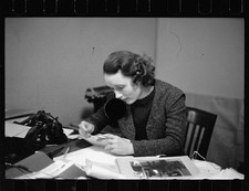Photo:1930s Woman at Desk Typewriter Telephone Office Interior thumbnail