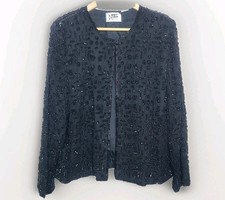 Vtg 80s Niteline Black Silk Beaded Womens Evening Floral Party Formal Jacket