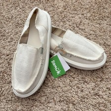 Sanuk Donna Hemp Shoe NEW Women's 9 White Slip-On Flats Soft Foam Comfort Logo