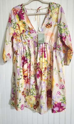 H&M Dress Women Size M Floral Fresh Flare Deep V-neck Balloon Sleeve Open Backed