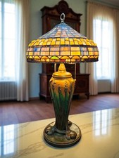 Vintage Monumental Tiffany Style Stained Glass  Mosaic Table Lamp 33" Tall
