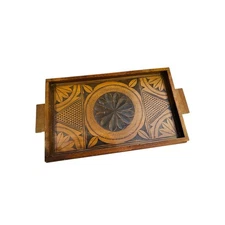 Antique Wooden Chip Oak Under Glass Carved Serving Tray 17" x 9.25"