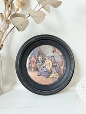 Antique Prattware Pot Lid in Black Round Frame, Victorian Family Scene