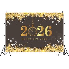 8x6ft Happy New Year 2026 Backdrop Black and Golden Bokeh Light Spots Snowfla...