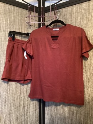 Ekouaer NWOT Rust Short Sleeve & Shorts Waffle Knit Pajamas Set M