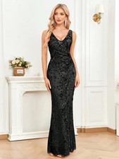 Elegant Slit Evening Dress Women Long Mermaid Formal Sequrins V-neck Caicktail
