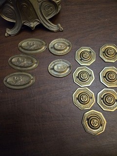 Antique Aesthetic Movement Brass Doorknob Rosette Backplates Ornate Face Lot
