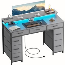 120 cm Computer Desk with Drawers, Gaming Table with LED Lights & Power Outlets