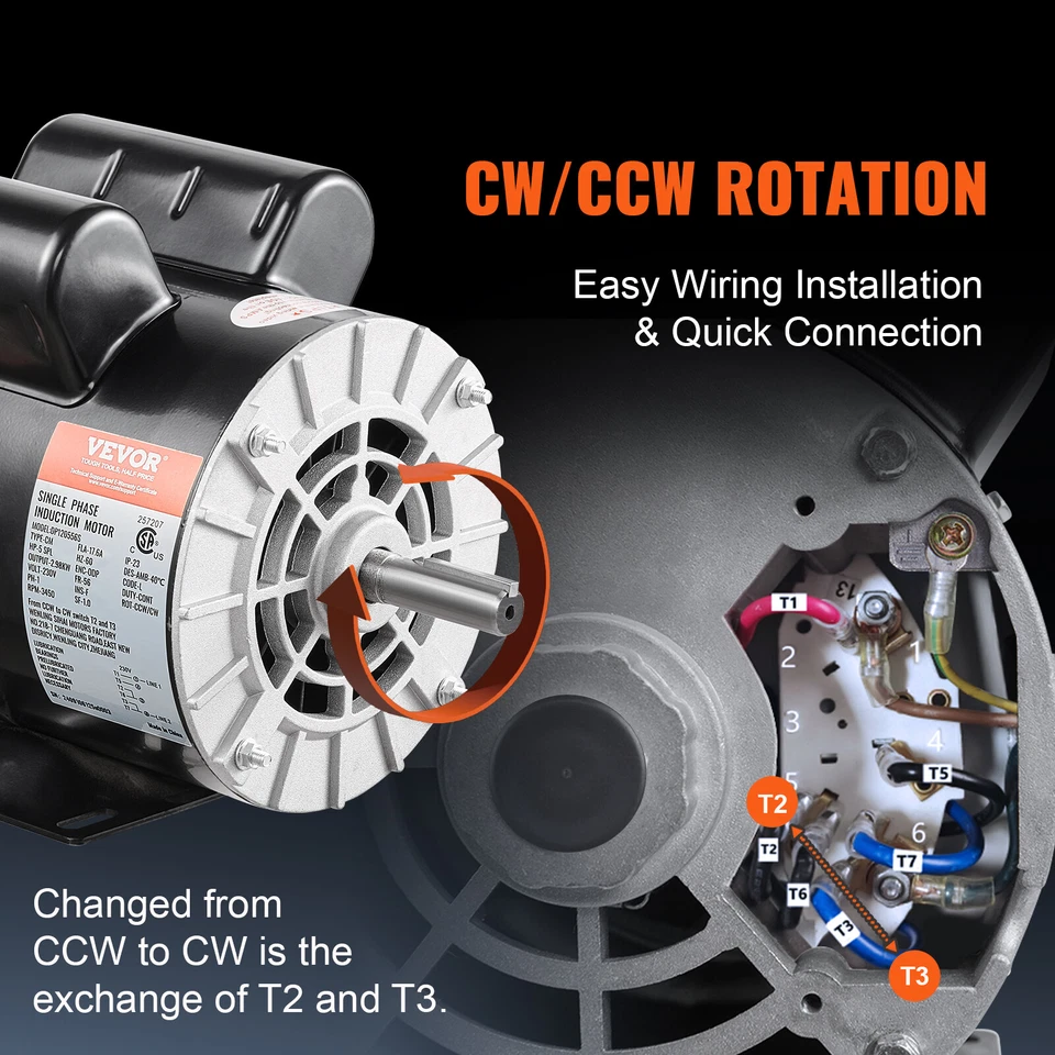 Uimoso 5HP SPL Air Compressor Motor 230V 17.6A 3450RPM 56 Frame CW/CCW Rotation - Image 4 of 4