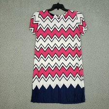 5TH & Love Dress Womens Sz M Pink White Navy Chevron Shift Short Sleeve Back Zip