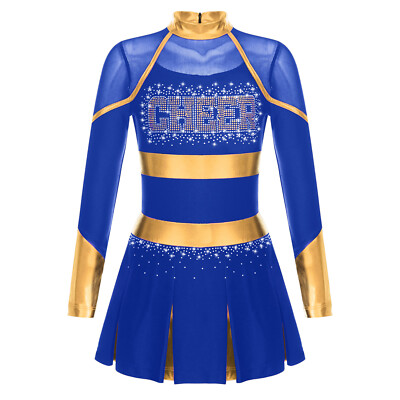 A Kids Girls Shiny Rhinestone Letter Print Long Sleeve Cheerleading Costume