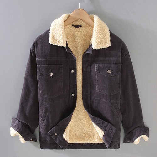 Men Sherpa Lined Jacket Button Down Corduroy Warm Trucker Lapel Coat Winter - Picture 15 of 17