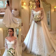 Satin A Line Wedding Dresses V Neck Lace Appliques Long Sleeves Bridal Gowns