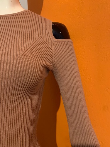 H&M Dress Size S 8-10 Brown Ribbed Stretch Long Sleeve Knit Bodycon Midi Casual - Picture 3 of 4