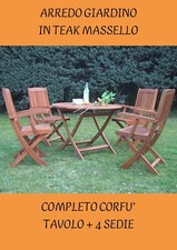 Set da giardino in legno teak - tavolo rotondo + 4 sedie poltroncine pieghevoli