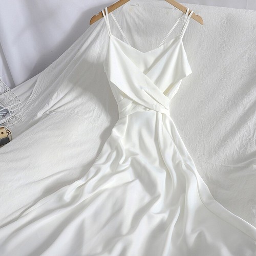 Ladies Satin Silk Midi Dress Cross Front Tie Waist Spaghetti Strap A-line Plain - Foto 5 di 17