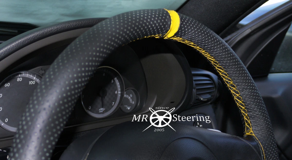 REAL PERFORATED LEATHER STEERING WHEEL COVER YELLOW STRAP FOR
