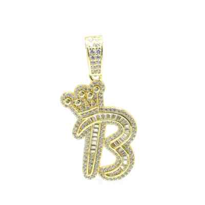 14K Gold Plated 925 Silver Baguette CZ Crown Letter B Pendant 3mm Tennis Chain