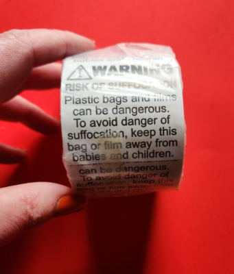 #ad 1 ROLL OF WARNING RISK OF SUFFOCATION STICKERS 2quot; x 2quot; 500 LABELS TOTAL FBA $12.99