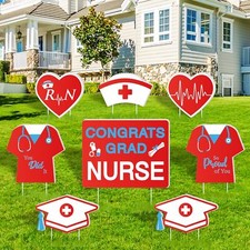 Whaline 8Pcs Nurse Graduation Yard Signs with 16Pcs Stakes Grad Cap red white