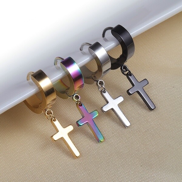 Stainless Steel Cross Huggie Hoop Earrings For Men & Women - Hypoallergenic Punk Circle Dangle Earrings In Gold, Silver, Black Plated