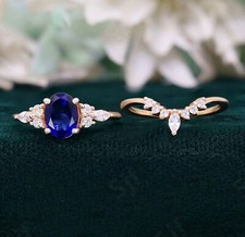 Lab Created Oval Blue Sapphire Silver 14K Rose Gold Plated Wedding Ring Set