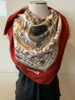 LANCEL Paris Silk Twill Vintage Art Foulard Red,Ivory Scarf