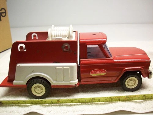 Smaller red TONKA JEEP FIRE TRUCK MADE IN USA 1960's hose pumper toy 52700