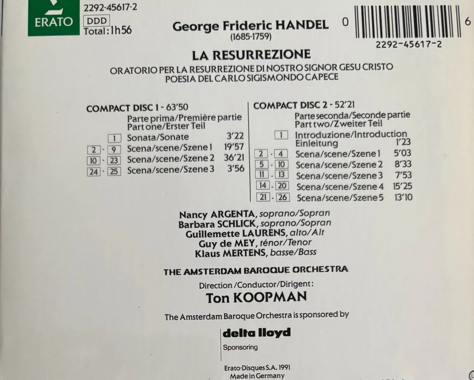 HANDEL - La Resurrezione - Koopman/Amsterdam Baroque Orch 2 x CD Exc Cond! Erato - Image 2 of 2