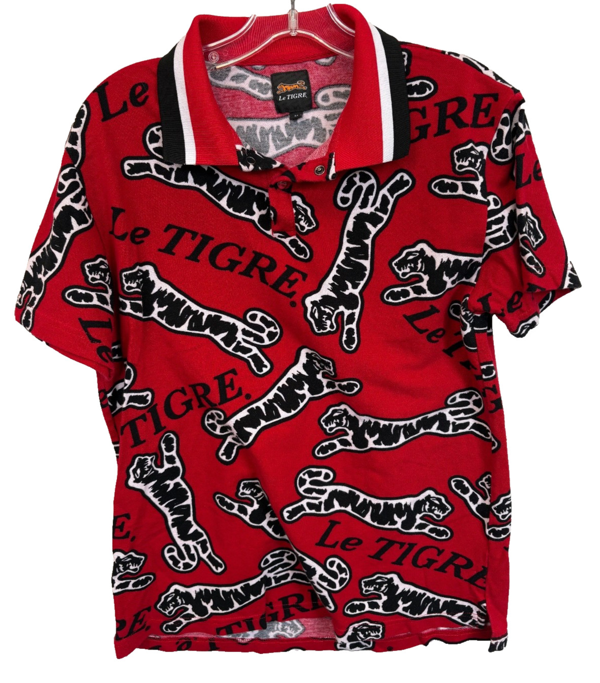 VTG Le Tigre Polo Shirt Mens or Boys Medium or Small Red w Tigers Cotton