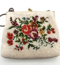 Vintage Beaded Floral Petit Point Purse Embroidered Evening Handbag Chain