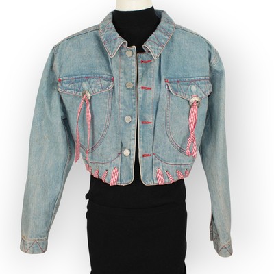 Vtg HystericEtVous Crop Denim JeanJacket Western Gingham Red Cowgirl LightWash