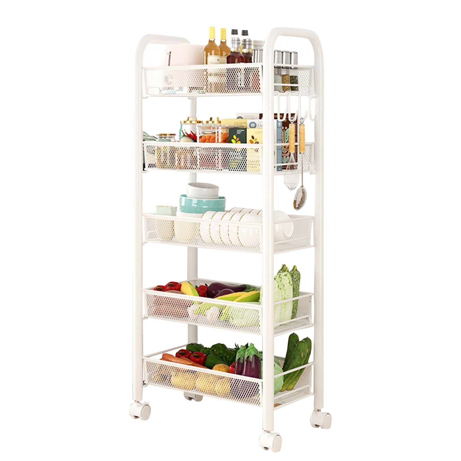 5 Tiers Rolling Metal Cart Shelf Utility Storage Organizer Kitchen Trolley Rack