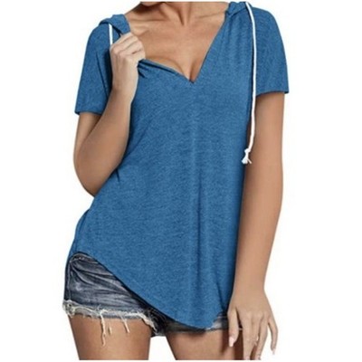 Damen-T-Shirt Übergröße V-Ausschnitt Baumwollmischung Kurzarm lockere Passform einfarbig