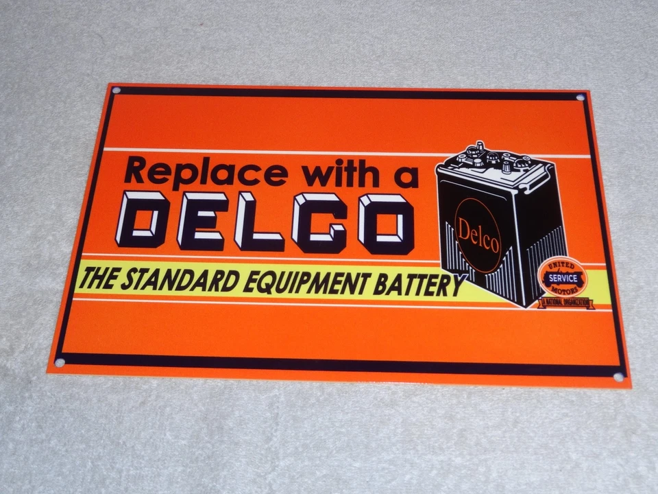 DE COLECCIÓN DELCO BATTERY & UNITED MOTOR SERVICE CAR 12" METAL GASOLINA ACEITE LETRERO! GM Foto 3 de 4