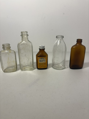 Lot of 5 Vintage Glass Medicine Apothecary Bottles - Spirit ammonia, Bayer s Etc