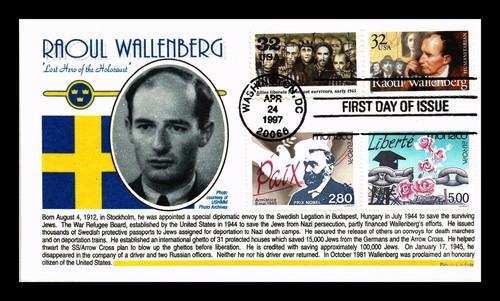 CUBIERTA DE EE. UU. RAOUL WALLENBERG SEGUNDA GUERRA MUNDIAL HÉROE DEL HOLOCAUSTO FDC COMBO PANDA TERMOGRAFIADO