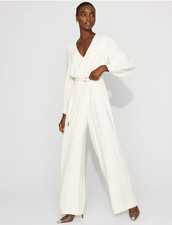 White House Black Market WHBM jumpsuit womens sz 10 ivory belted zip sheer 250