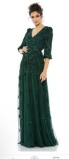 Mac Duggal 5497 Sz 8 Emerald Green Embellished V Neck 3/4 Sleeve A Line Gown