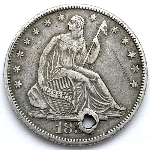 1856 or 1858 50C Seated Liberty Silver Half Dollar: Holed