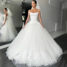 White Strapless Ball Gown Wedding Dresses Satin Bodice Tulle Skirt Bridal Gowns