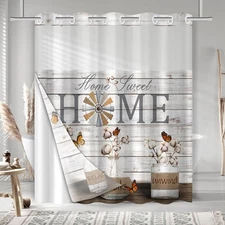 Sweet Home No Hook Bathroom Shower Curtain, Farmhouse Cotton Rustic Shower Cu...