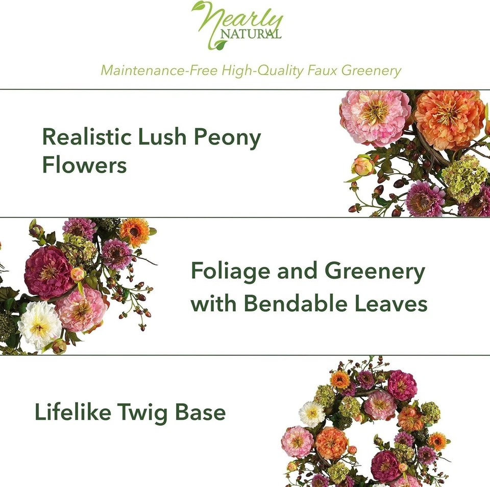 Encantadora corona de peonía mixta de 24 pulgadas - bellamente hecha a mano para decoración del hogar Foto 4 de 4