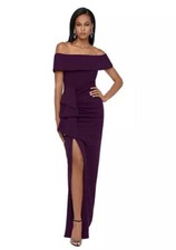 NEW Xscape Solid Side Ruched High Slit Off Shoulder Maxi Long Formal Gown Size 8