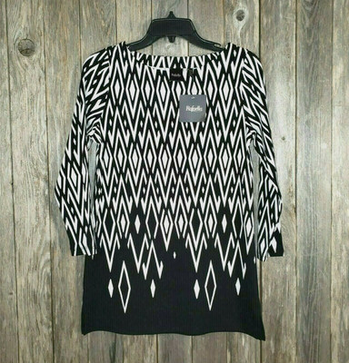 NEW Rafaella S Women's Top Black White Diamond Geo Print Knit Tunic Blouse
