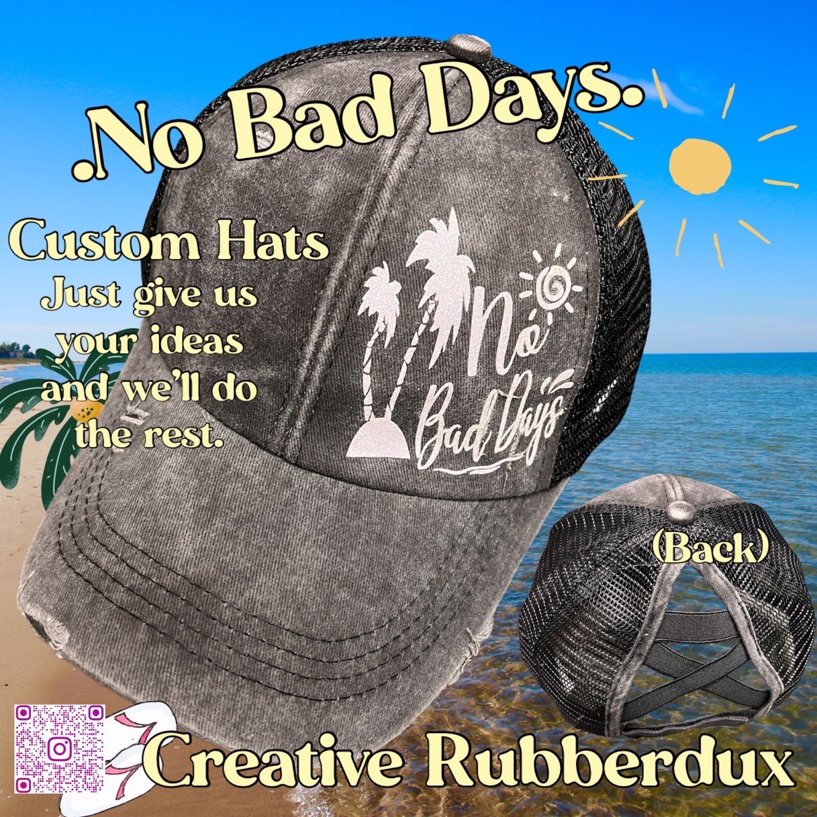 Black Distressed “No Bad Days” Woman Pony Tail Cap Hat