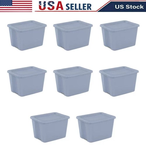 8 Pack 18 Gallon Plastic Storage Containers Box Stackable Tote Bin with Lid Blue