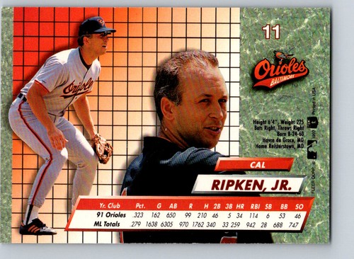 1992 Fleer Ultra #11 Cal Ripken Jr. - Baltimore Orioles - Picture 2 of 3