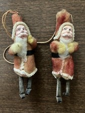 2 Antique SPUN COTTON Clay Face SANTA Christmas Ornament 3 3/4"
