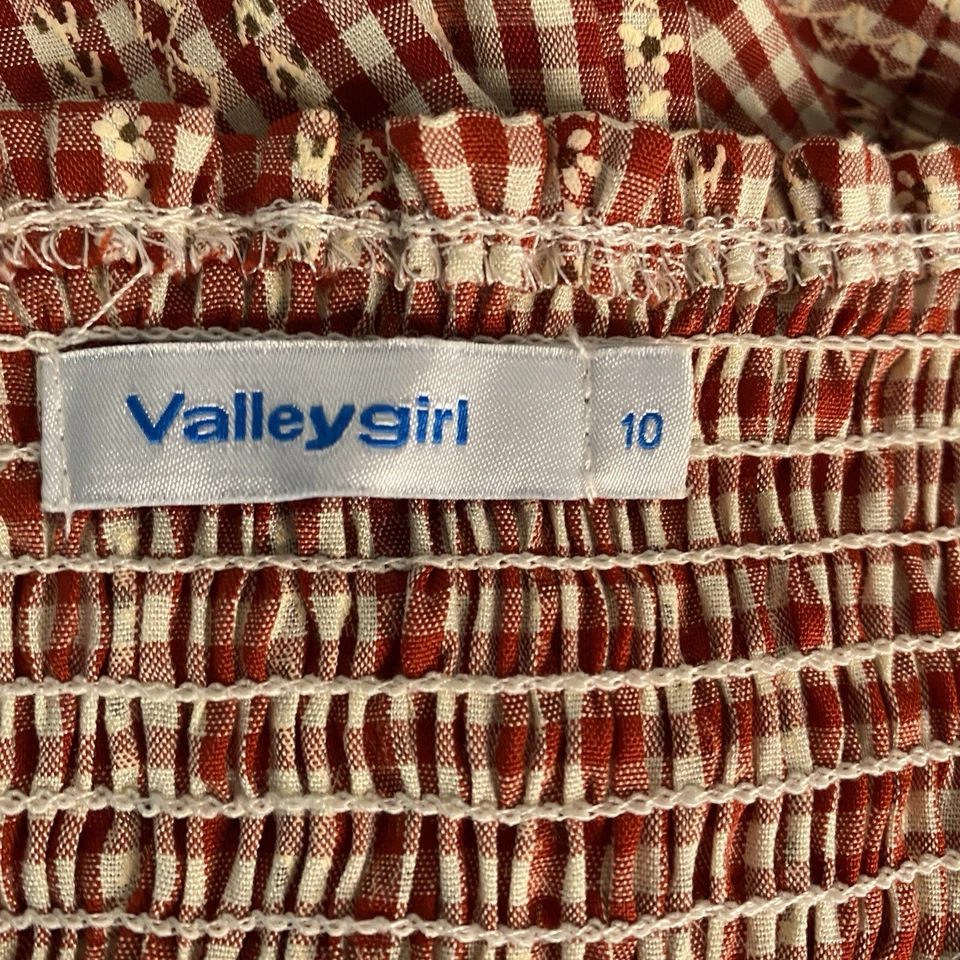 Valleygirl Dress Women 10 Maroon White Gingham Strappy Tiered Midi Cottagecore - image 2 of 4